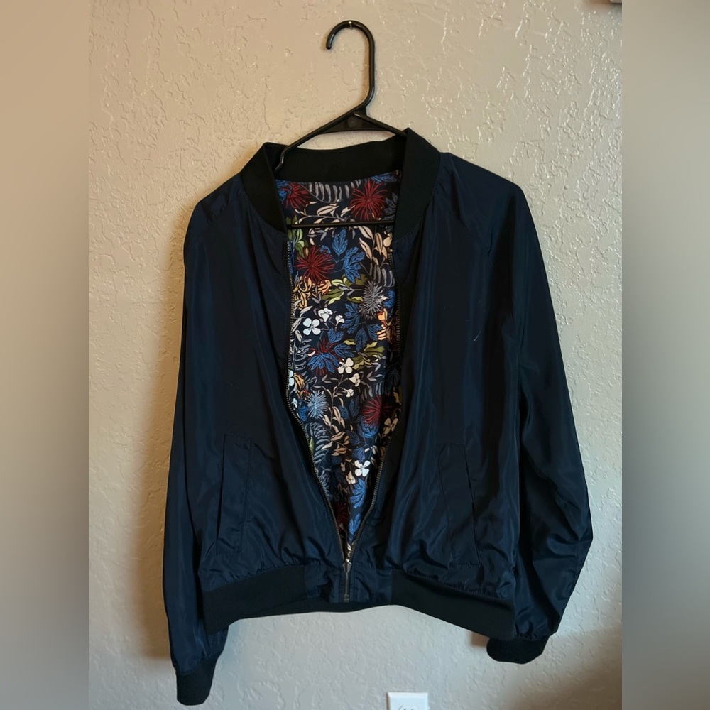 H&M Blue Medium Bomber Jacket with Floral Lining Reversible